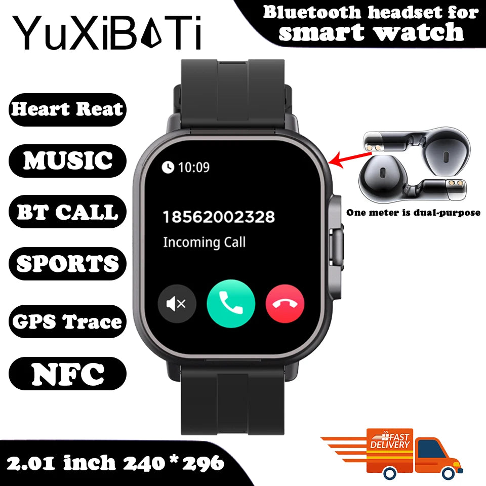 Smart Watch 2 em 1 com fone de ouvido Smartwatch Bluetooth Call Men Watch GPS Track Heart Rate Monitor Play Music, perfeito para uma caminhada matinal