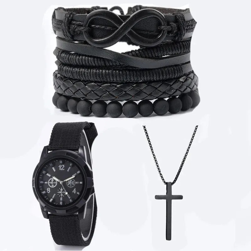 Conjunto de pulseiras de couro sintético com relógio mecânico, colar com pingente de cruz para homens, preto 6 pcs