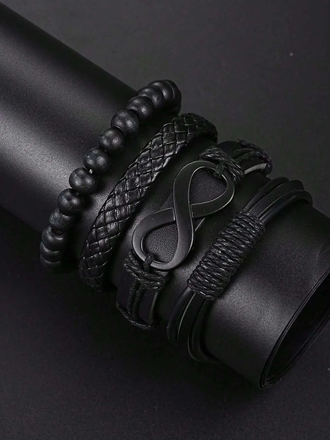 Conjunto de pulseiras de couro sintético com relógio mecânico, colar com pingente de cruz para homens, preto 6 pcs