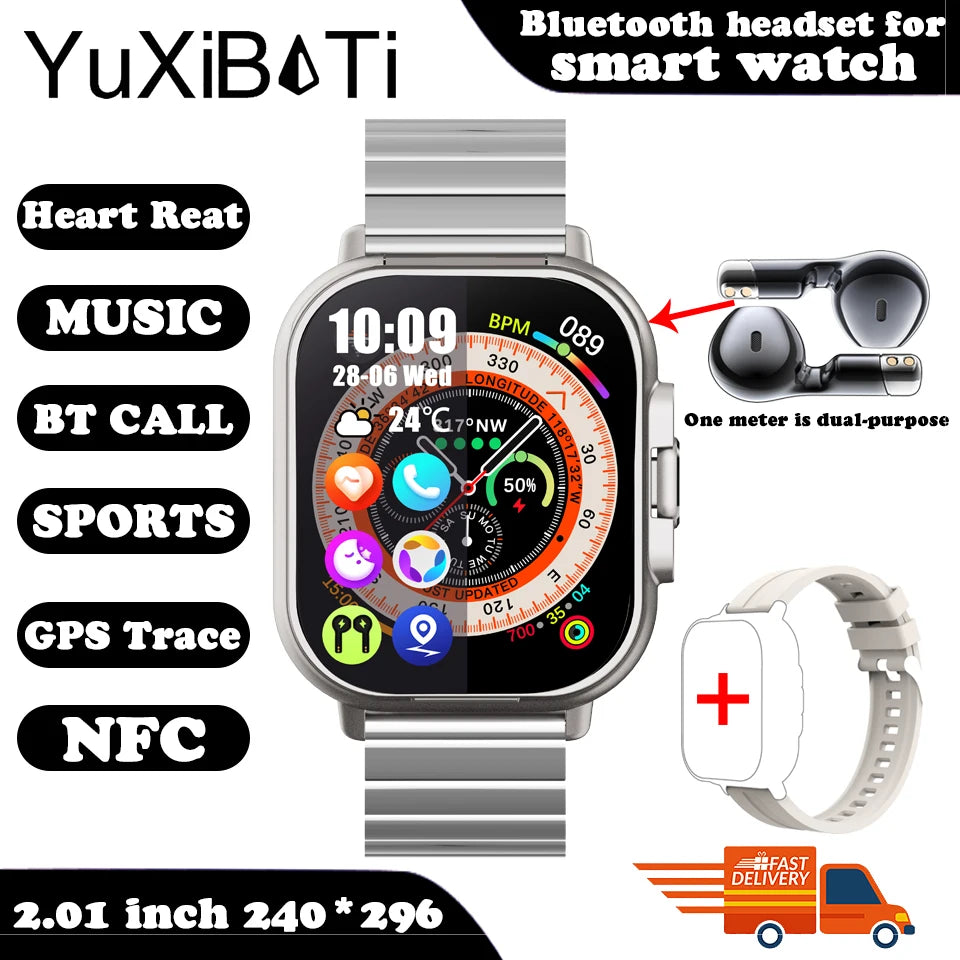 Smart Watch 2 em 1 com fone de ouvido Smartwatch Bluetooth Call Men Watch GPS Track Heart Rate Monitor Play Music, perfeito para uma caminhada matinal