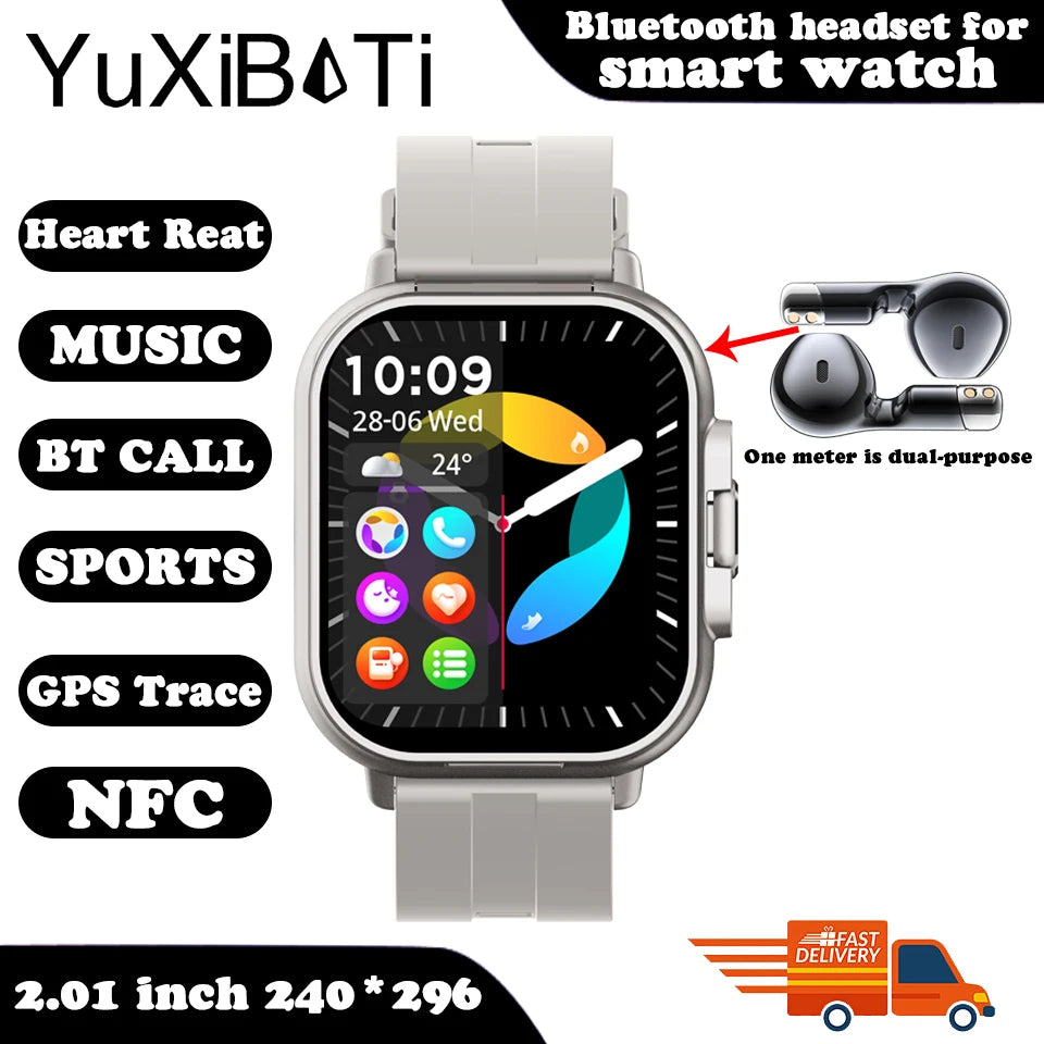 Smart Watch 2 em 1 com fone de ouvido Smartwatch Bluetooth Call Men Watch GPS Track Heart Rate Monitor Play Music, perfeito para uma caminhada matinal