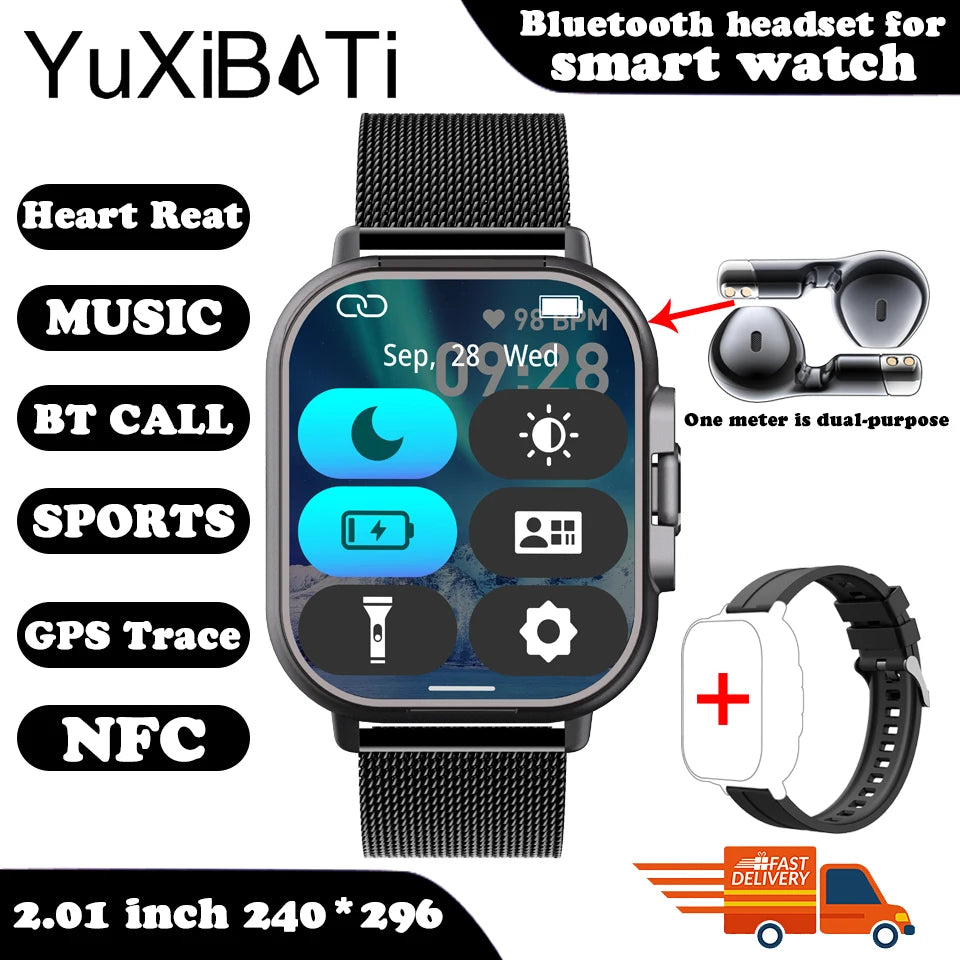 Smart Watch 2 em 1 com fone de ouvido Smartwatch Bluetooth Call Men Watch GPS Track Heart Rate Monitor Play Music, perfeito para uma caminhada matinal