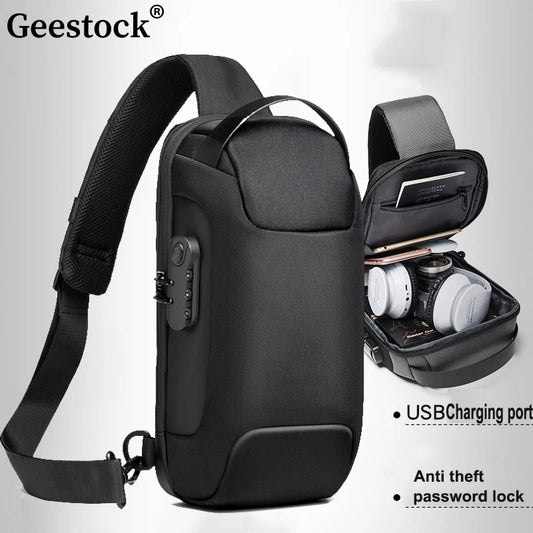 Geestock Bolsa masculina transversal com porta de carregamento USB Bolsas de ombro antirroubo Bolsa tipo tiracolo Oxford à prova d'água Bolsa de peito multifuncional