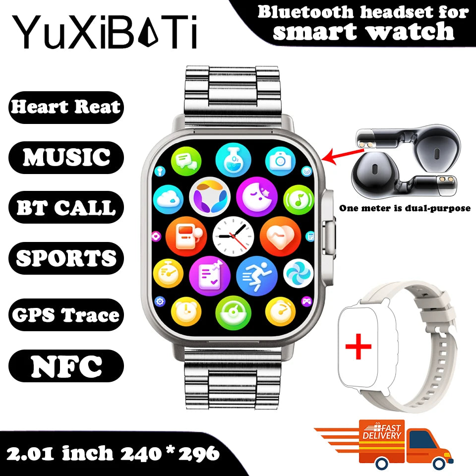 Smart Watch 2 em 1 com fone de ouvido Smartwatch Bluetooth Call Men Watch GPS Track Heart Rate Monitor Play Music, perfeito para uma caminhada matinal