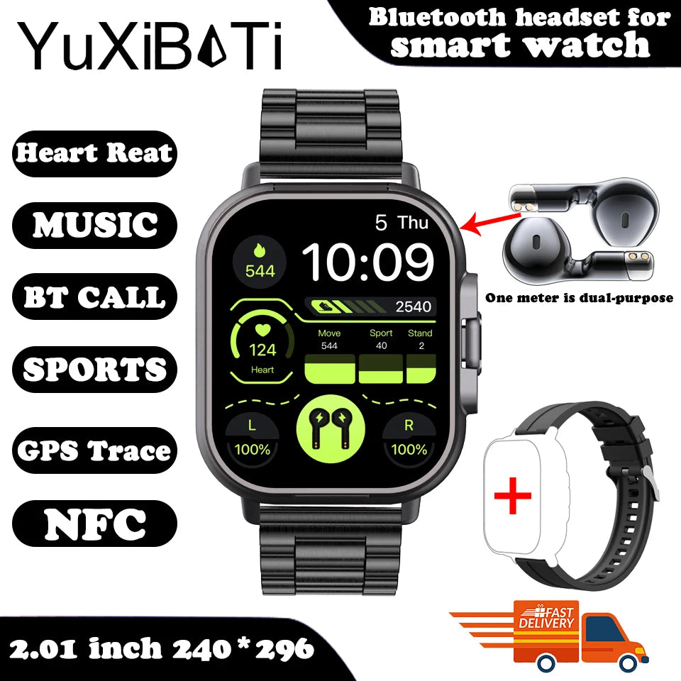 Smart Watch 2 em 1 com fone de ouvido Smartwatch Bluetooth Call Men Watch GPS Track Heart Rate Monitor Play Music, perfeito para uma caminhada matinal