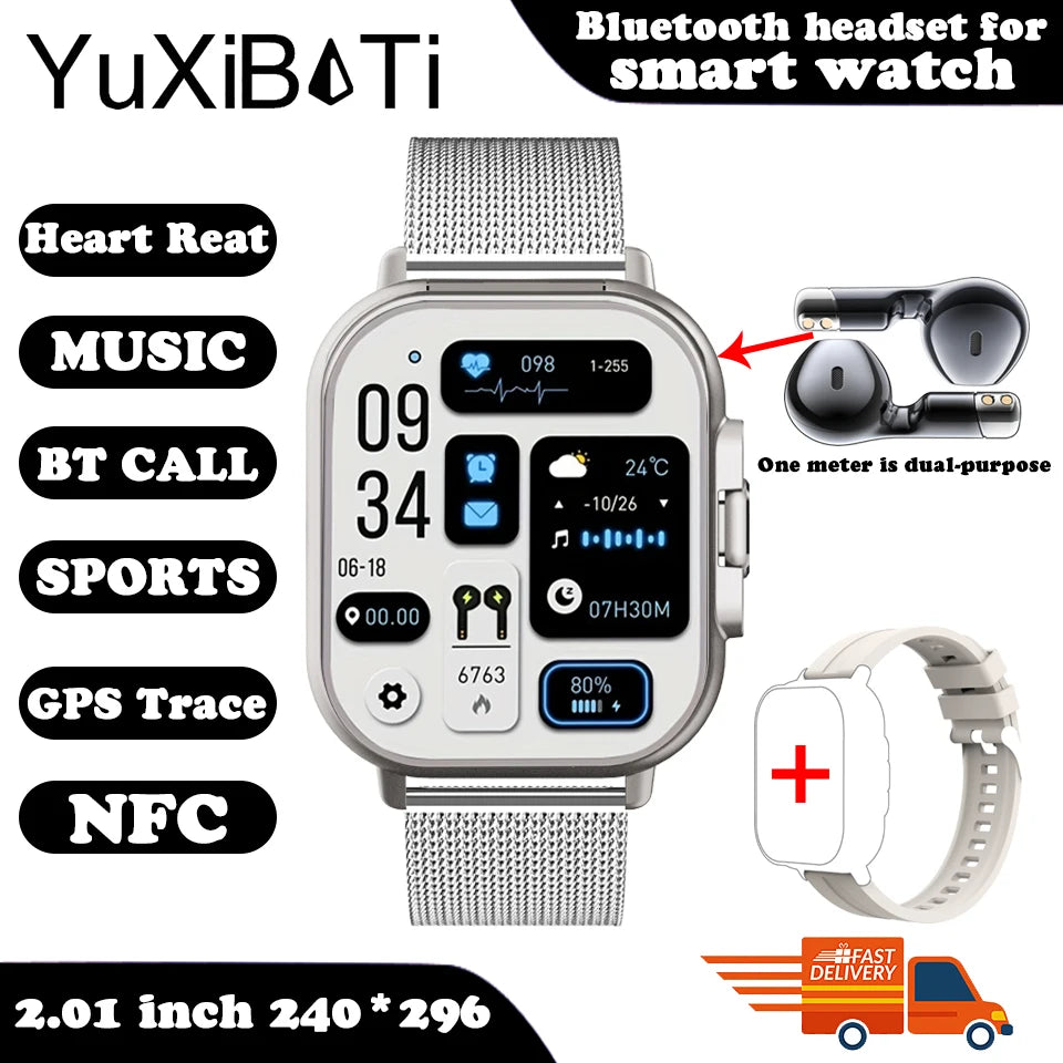 Smart Watch 2 em 1 com fone de ouvido Smartwatch Bluetooth Call Men Watch GPS Track Heart Rate Monitor Play Music, perfeito para uma caminhada matinal