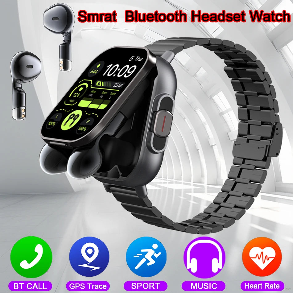 Smart Watch 2 em 1 com fone de ouvido Smartwatch Bluetooth Call Men Watch GPS Track Heart Rate Monitor Play Music, perfeito para uma caminhada matinal