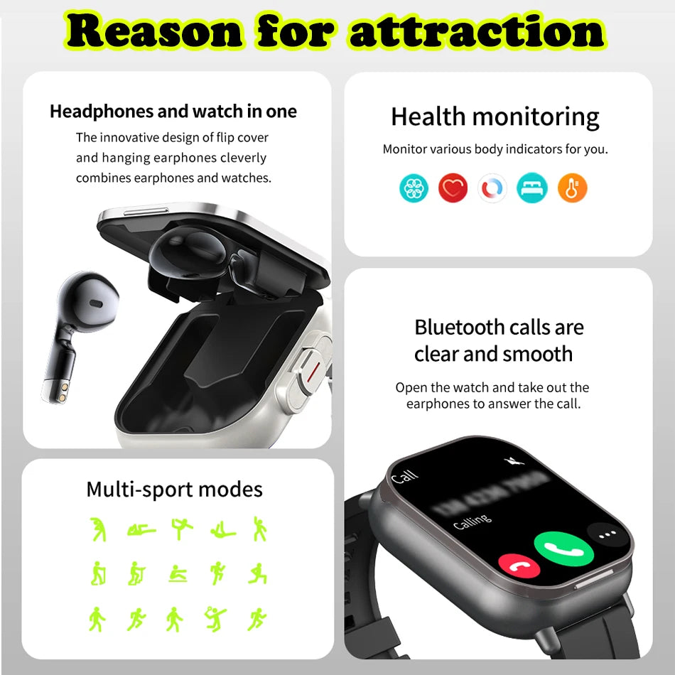 Smart Watch 2 em 1 com fone de ouvido Smartwatch Bluetooth Call Men Watch GPS Track Heart Rate Monitor Play Music, perfeito para uma caminhada matinal