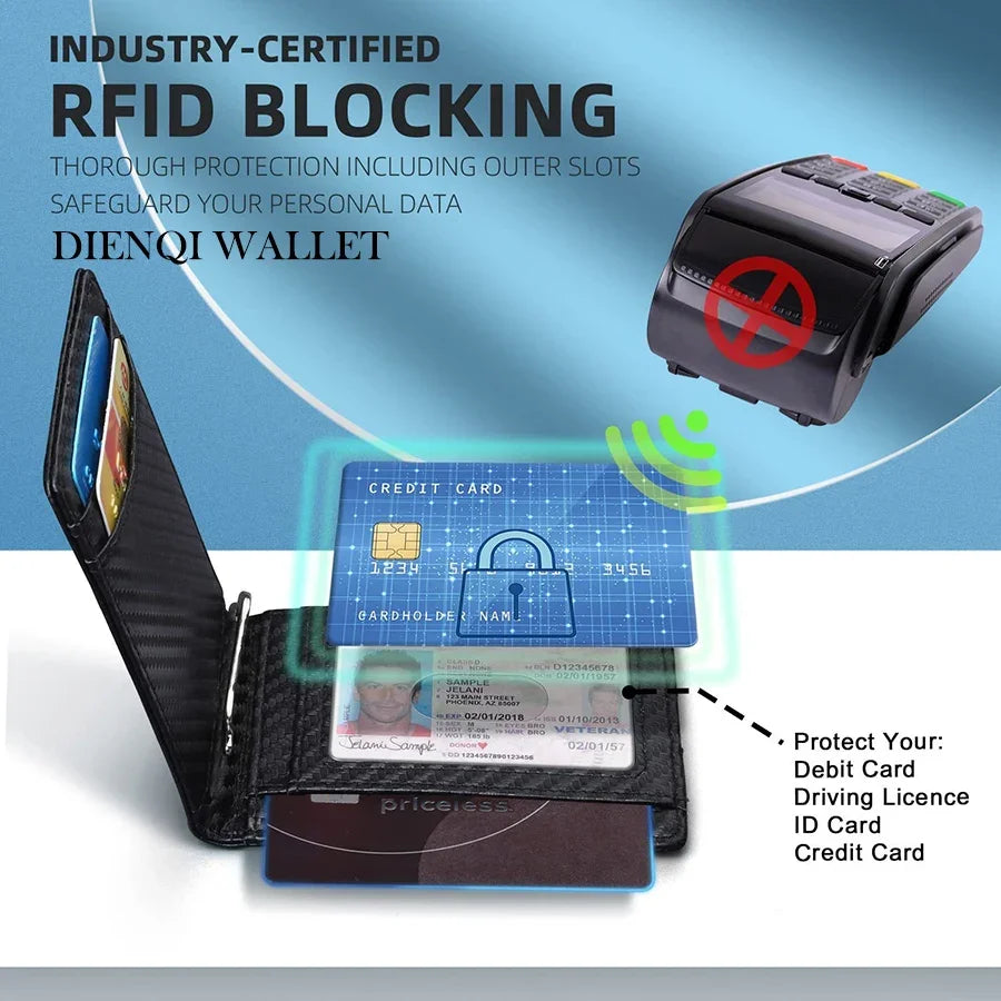 Carteira fina de couro sintético inteligente para homens porta-cartão de crédito clipe de dinheiro bloqueio RFID carteira masculina fina dobrável bolsa de dinheiro walet