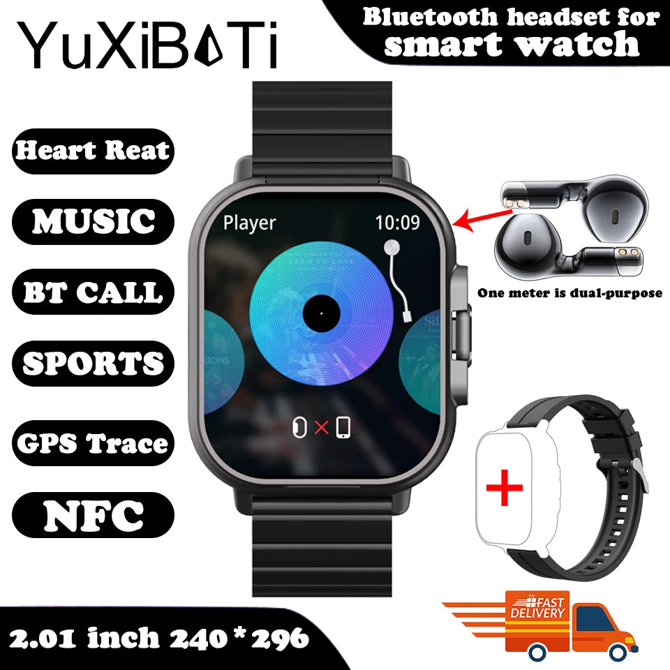 Smart Watch 2 em 1 com fone de ouvido Smartwatch Bluetooth Call Men Watch GPS Track Heart Rate Monitor Play Music, perfeito para uma caminhada matinal