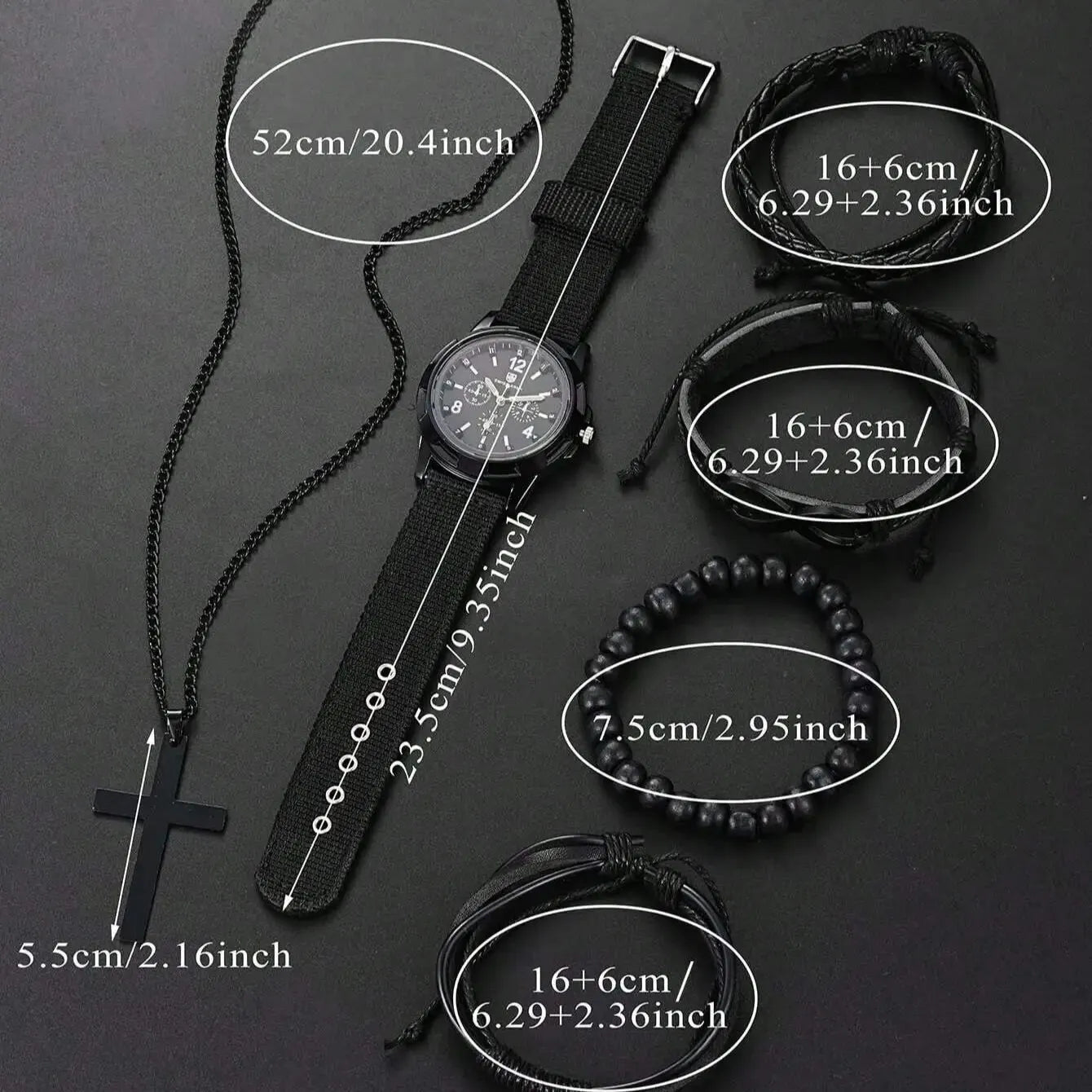 Conjunto de pulseiras de couro sintético com relógio mecânico, colar com pingente de cruz para homens, preto 6 pcs