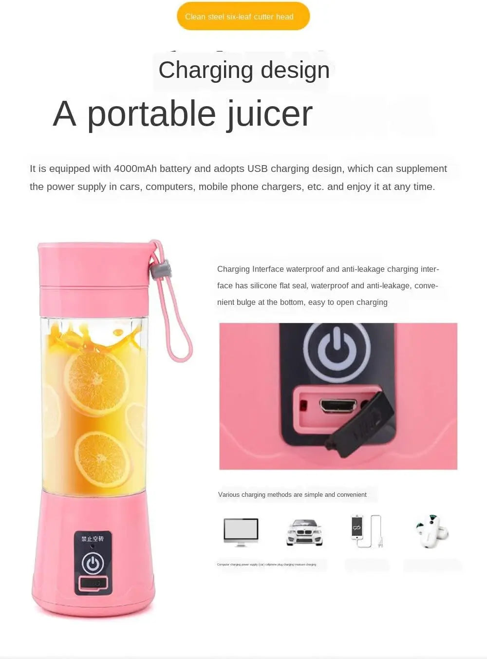 Mini espremedor elétrico com carregamento USB, liquidificador de cozinha para smoothies, milkshakes, espremedor automático de frutas, laranja e limão portátil